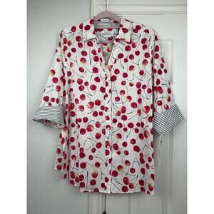 Foxcroft NYC NWT Cherry Print Wrinkle Free Button Blouse Plus 16W Shaped 2